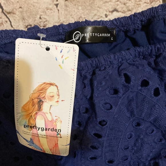 NWT pretty garden navy off shoulder embroidery romper size L. - Picture 12 of 13